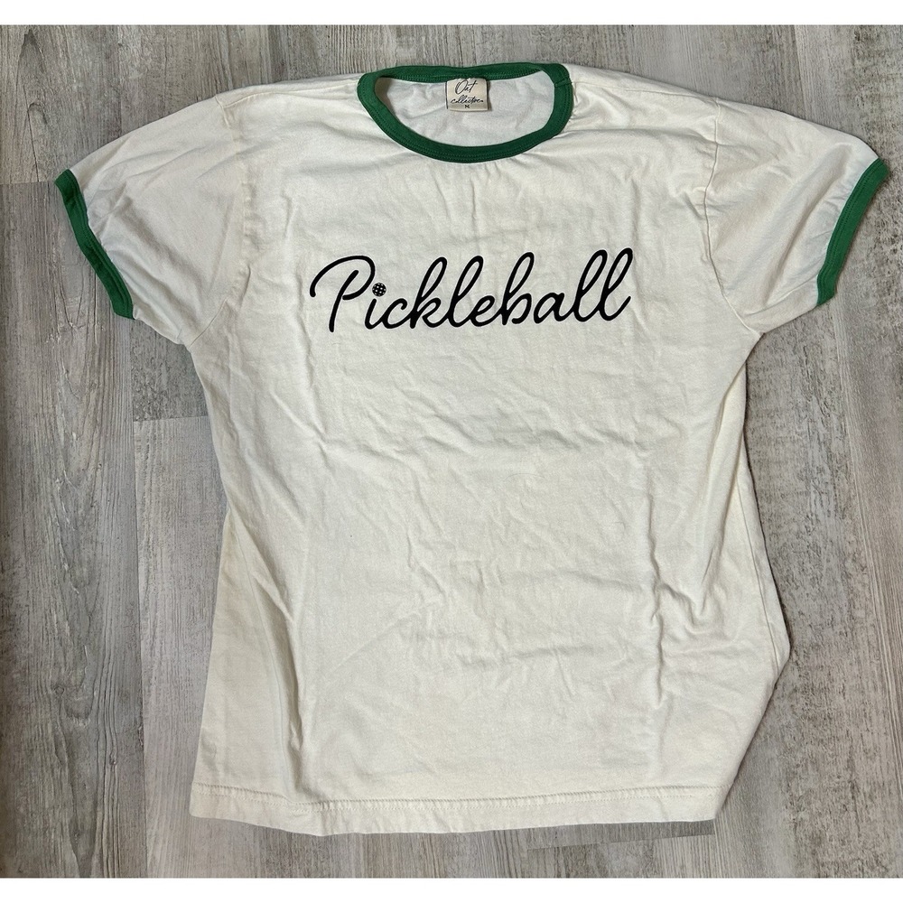 Oat Collective Women's Pickleball White and Green Ringer T Shirt Size Medium